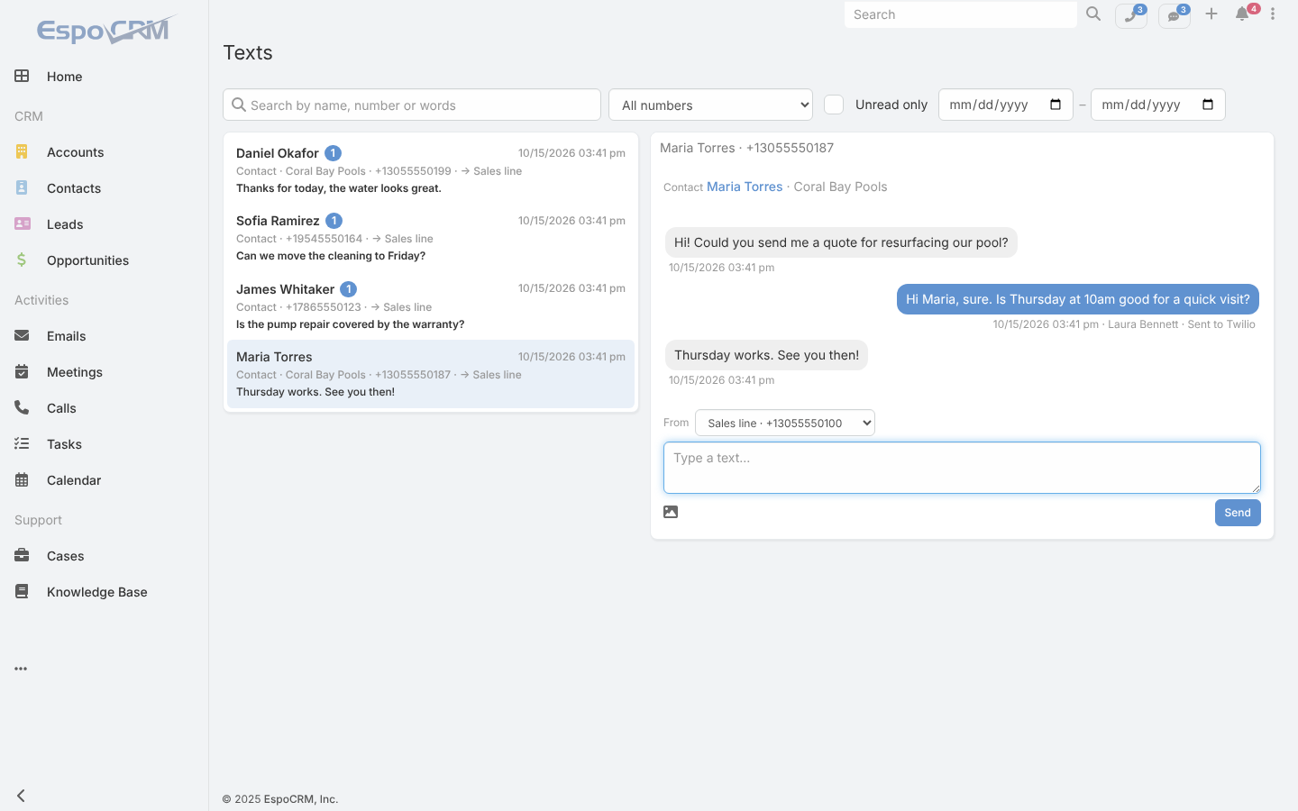 The Texts page in EspoCRM with a list of conversations and one open conversation