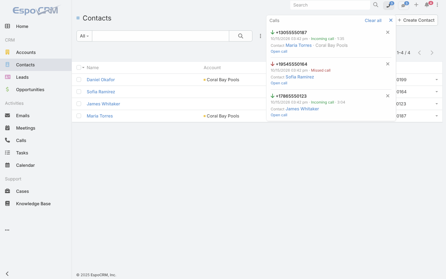 The Calls list in EspoCRM's top bar with two answered calls and one missed call