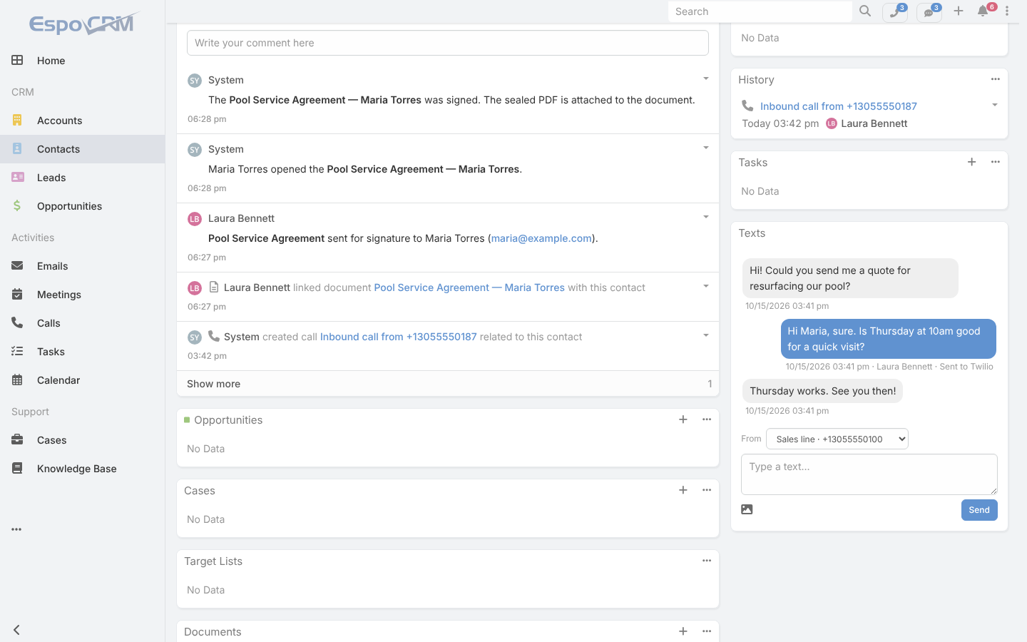 A contact's stream with notes for the document sent, opened and signed