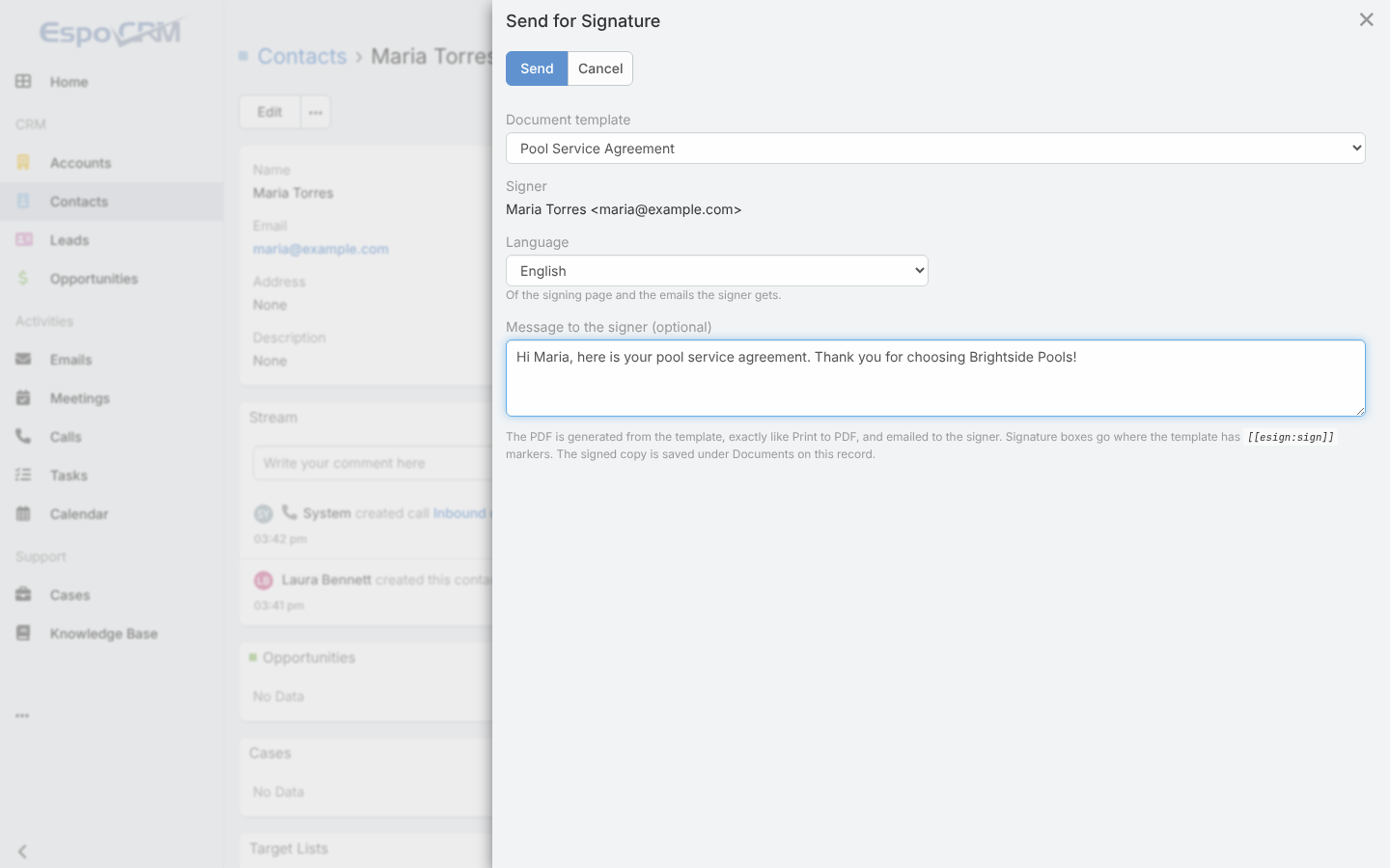 The Send for Signature window on a contact