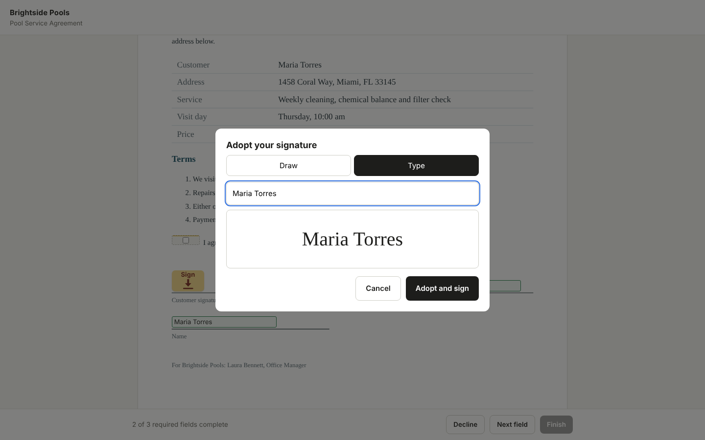 The signing page with the Adopt your signature window