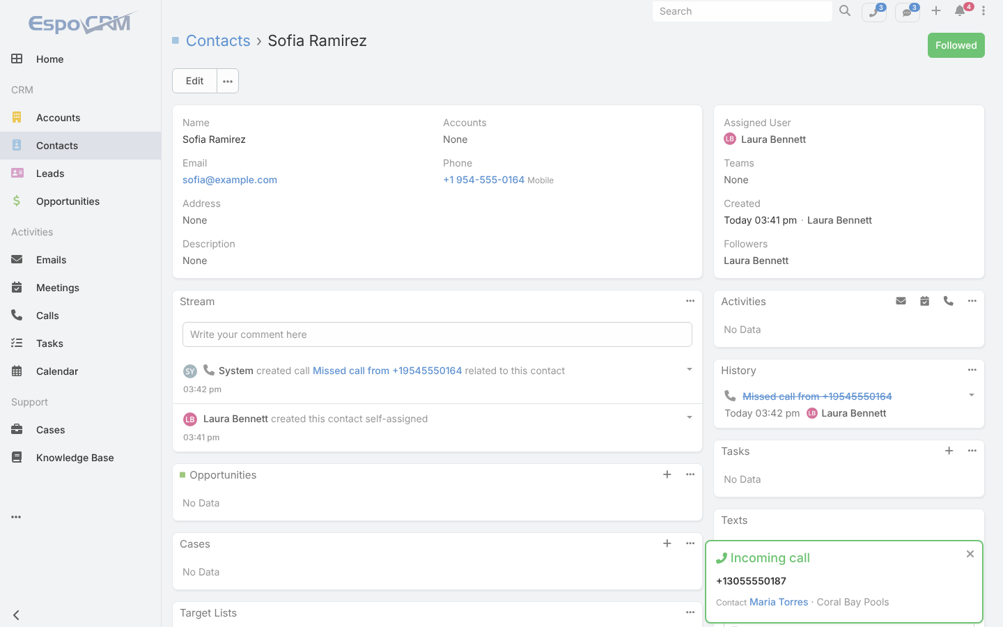 EspoCRM showing an incoming call pop-up with the caller's contact and company