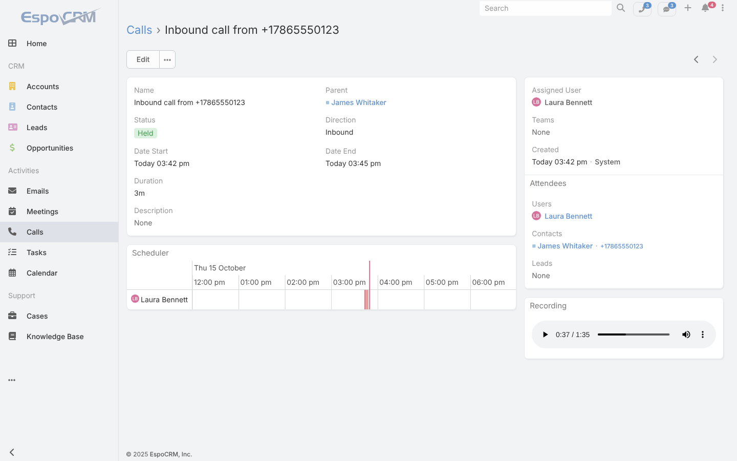 A call in EspoCRM with its recording playing in the Recording panel